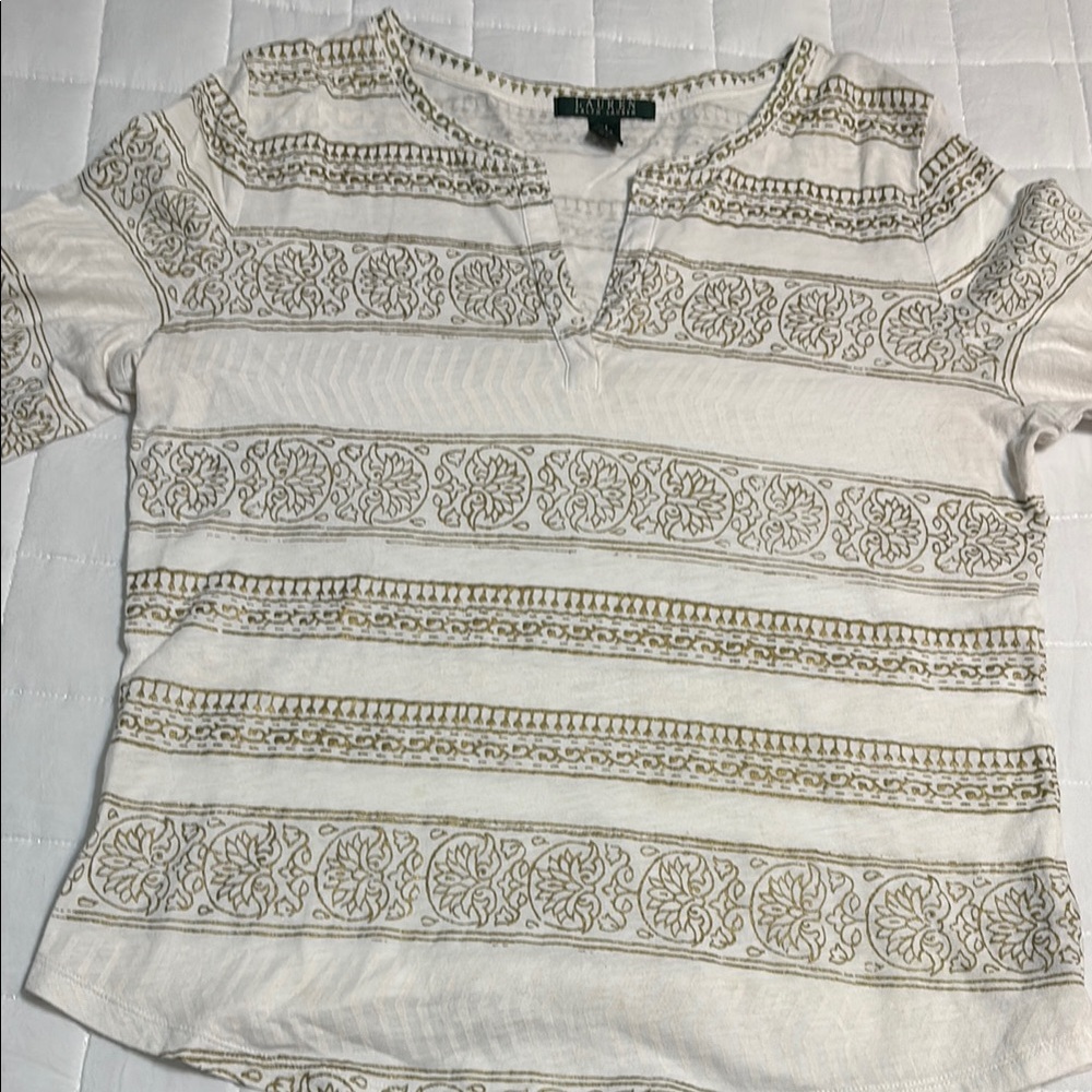 Ralph Lauren Women's White and Gold Patterned Top